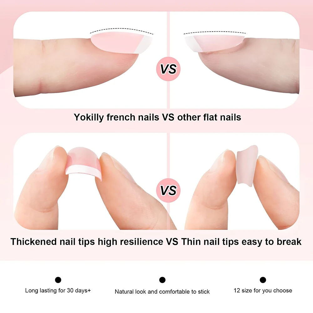 24Pcs French Square Round Head Fake Nails Natural Nude/Pink Press On Nails Tips With White-edges Wearable Full Cover Flase Nails image 4