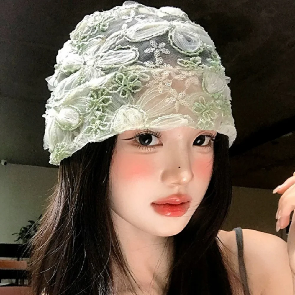Korean Ins Retro Lace Beanies Bow Hollow Toe Cap Summer Thin Breathable Pile Cap Pullover Hat Decorative Accessories