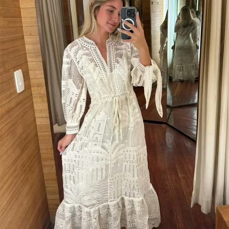 TRAF Hollow Lace Dress Womens Dresses Summer 2024 Bow White V-Neck Long Sleeve Two Piece Set Dress All-Match High Street Dresses