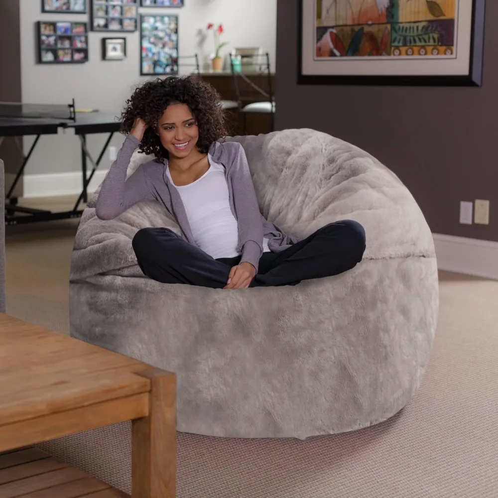 Bean Bag Chair - Plush, Ultra Soft - Memory Foam Bean Bag Chair with Faux Rabbit Fur Cover - Stuffed Foam Filled Furniture