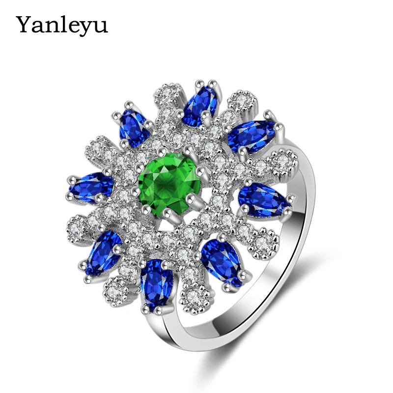 Yanleyu Gorgeous Pop Snowflake Firework Ring Silver Color AAA+ Cubic Zircon Wedding Party Jewelry Rings for Women PR187