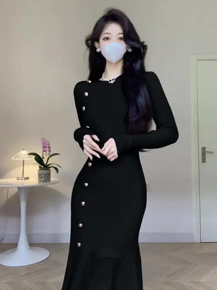 Elegant Knitted Fishtail Dress for Women Autumn Winter White Black O-neck High Waist Slim Chic Party Solid Button Dresses