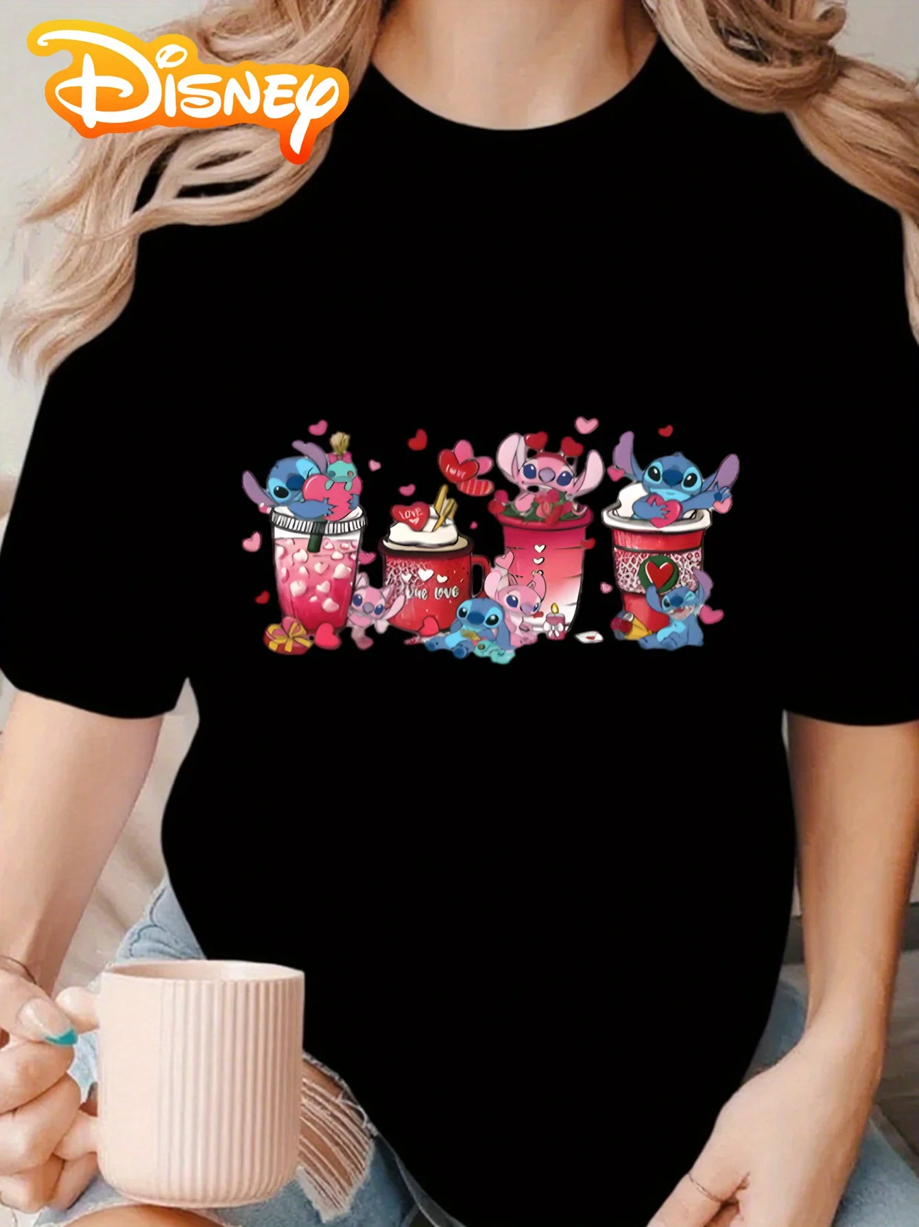 

Женская футболка Disney Stitch с узором чашки ко Дню святого Валентина, удобный повседневный топ, летняя одежда высокого качества