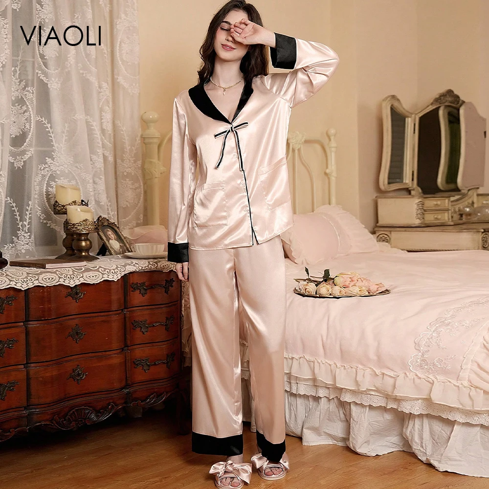 

Pajamas Set Satin Pajamas Cute Bow Tie Long Sleeve Top Pants Solid Soft Nightwear Buttons Cardigan Sleepwear Homewear Loungewear