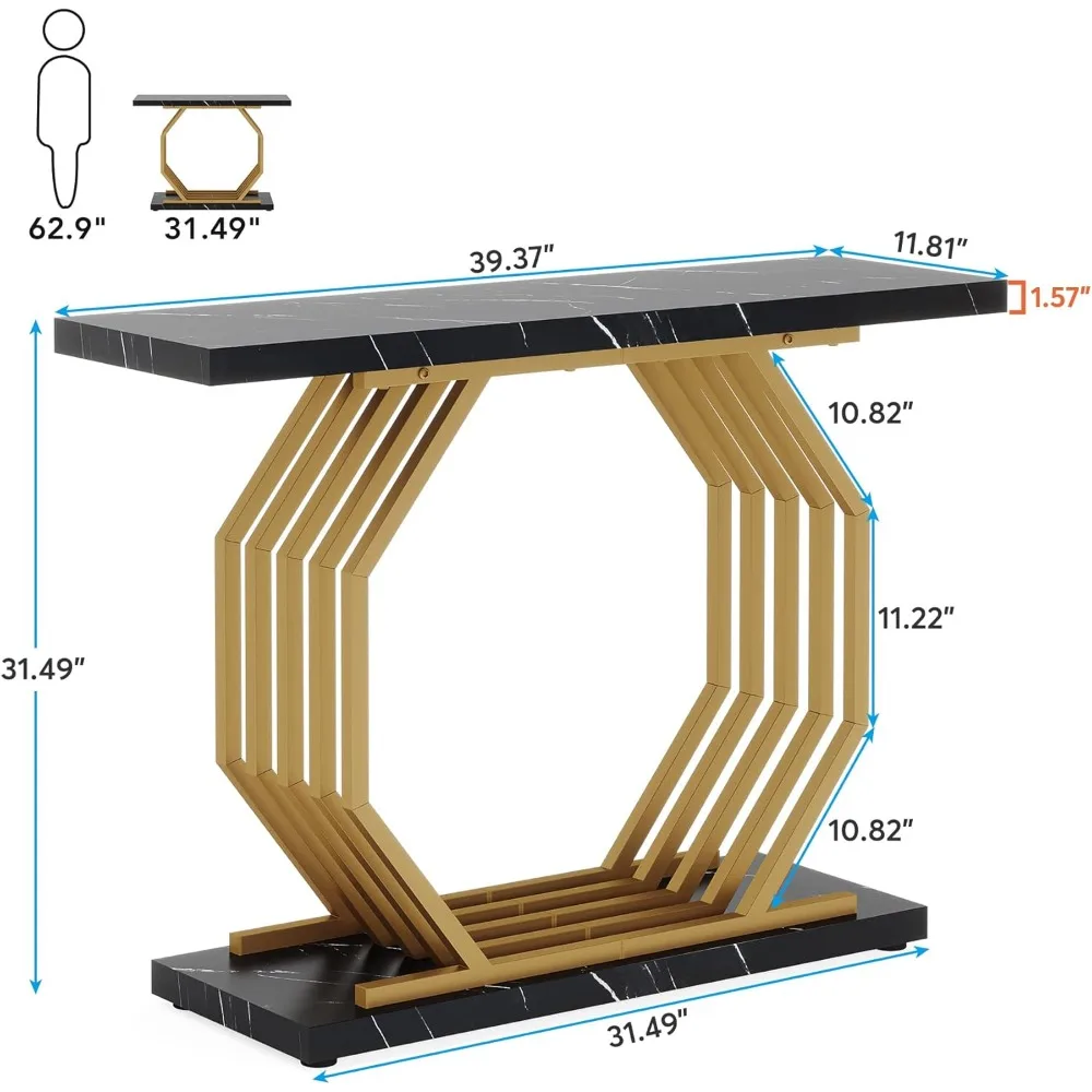 Gold Console Table, Faux Marble Entryway Table Narrow Sofa Table with Geometric Metal Base