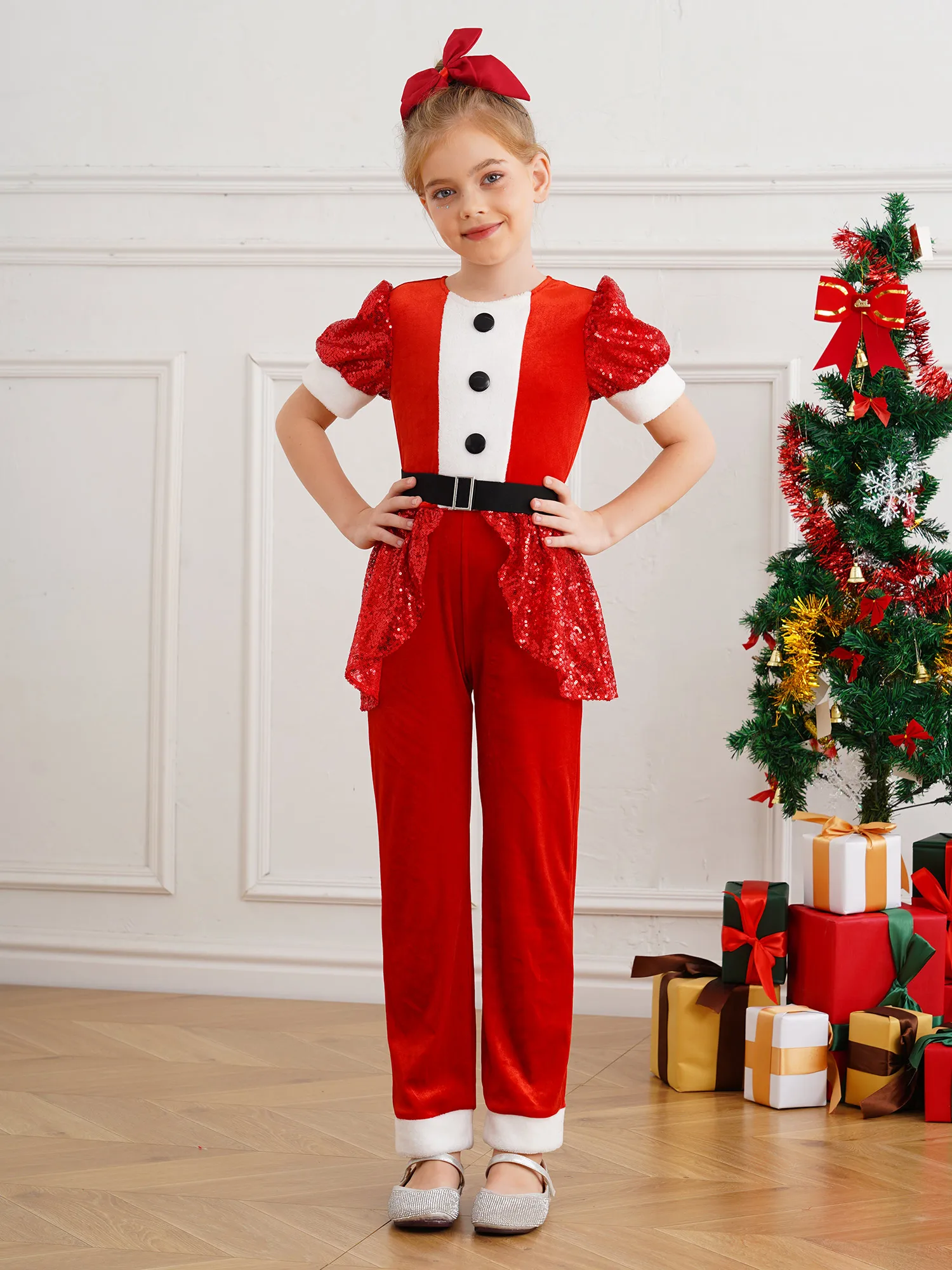 Children Girls Christmas Cosplay Costume Short Sleeve Sequin Velvet Jumpsuit with Belt Xmas New Year Party Ballet Dance Leotard