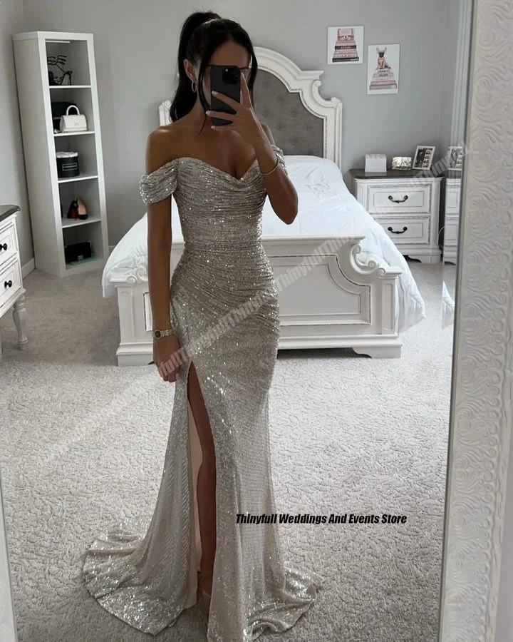 Thinyfull Mermaid Off Shoulder Glitter Prom Dresses Sleeveless Sweetheart Evening Party Gown Split Long Special Occasion Dress