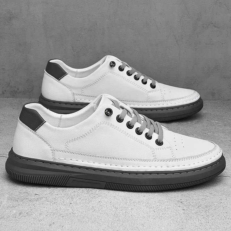 New Fashion Cow Leather Casual Shoes Young Man Flat Skateboard Shoes Street Cool Lace-up Sneakers
