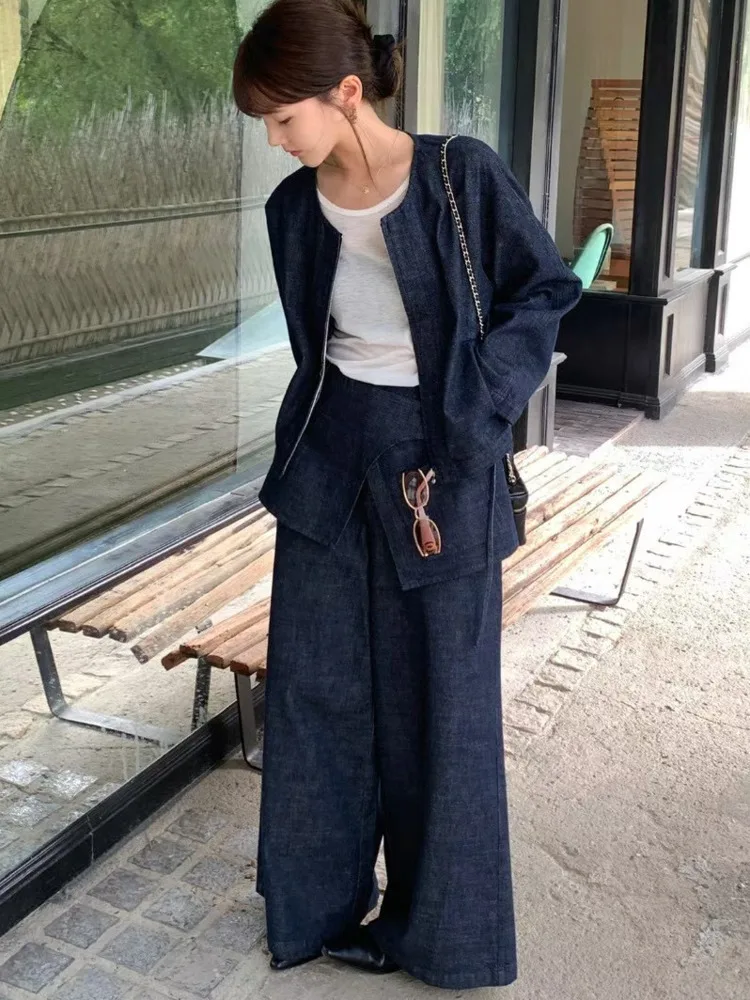 Setelan Denim WHTREND untuk Wanita Jaket Pendek Bertali Serut + Celana Panjang Kaki Lebar Set Tiga Potong Dapat Dilepas Musim Gugur Baru WH1625