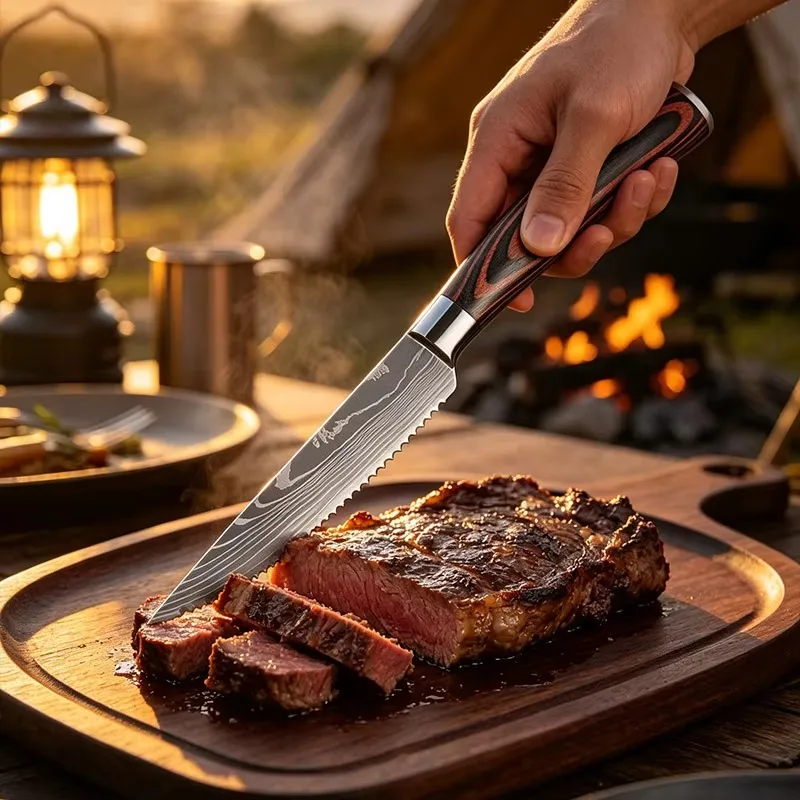 Household Steak Knives 1-6pc/Set Sharp Serrated Blade Wooden Handle Stainless Steel Dinner Cutlery For Kitchen Restaurant view 5
