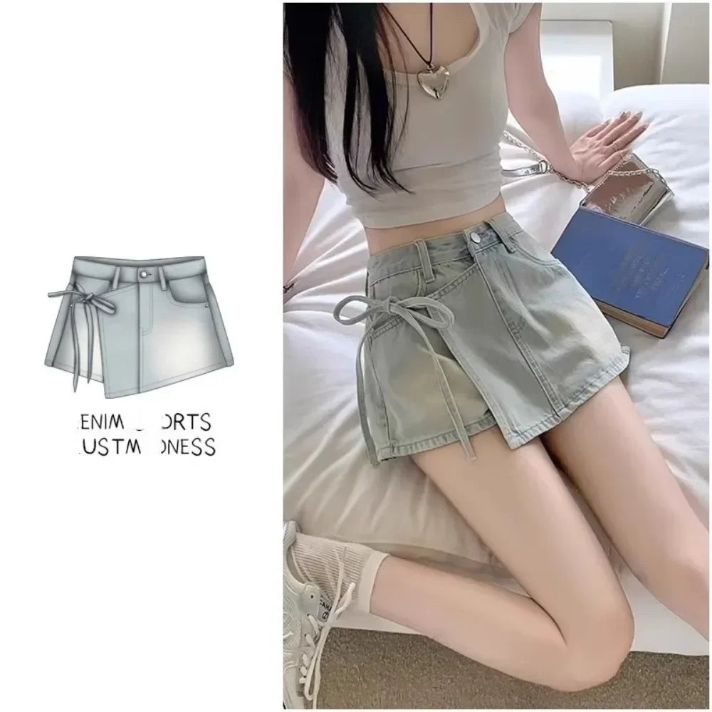 Fake two pairs of denim shorts women\'s summer A-line high waisted irregular western-style tied skirt small and spicy girl pants