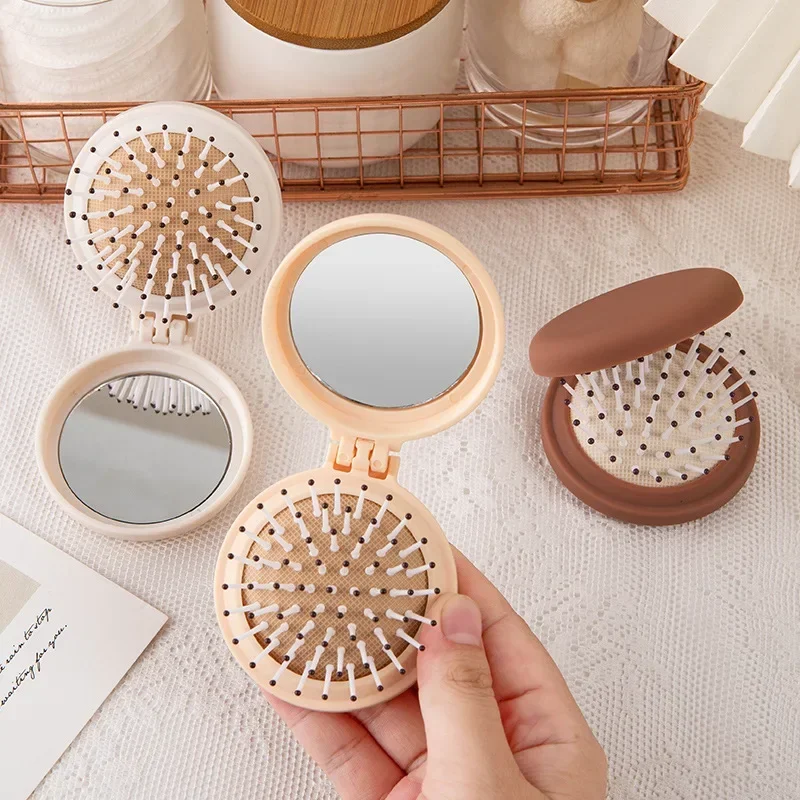 Plastic Mini Comb Cute Small Size Hair Comb With Folding Mirror Round Pocket Haircomb Air Cushion Fashion Folding Styling Tools