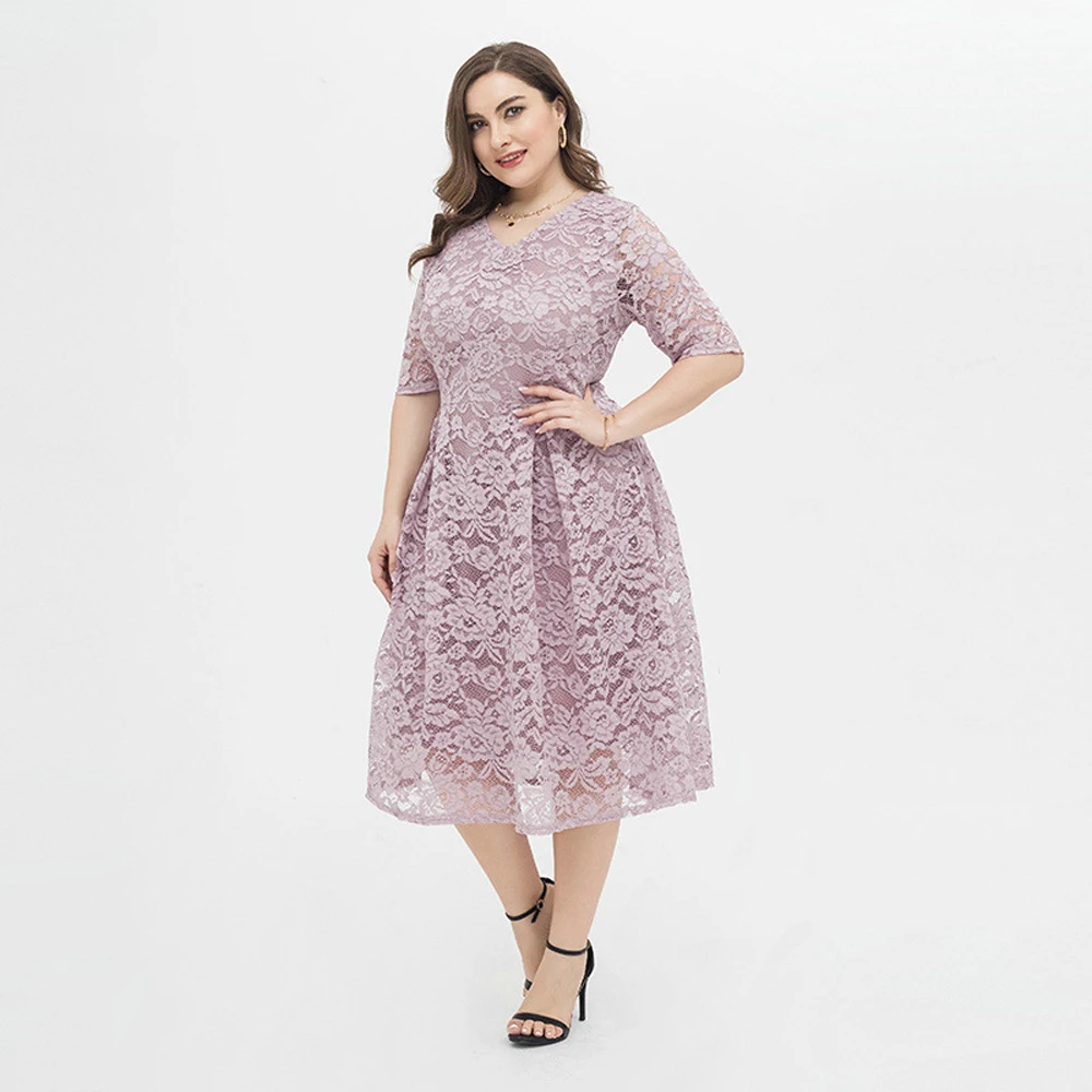 Plus Size Elegant Summer Wedding Party Light Dress Guest Bridesmaid Lady Lace Midi Dress Female Clothes Large Skirt Chubby Woman