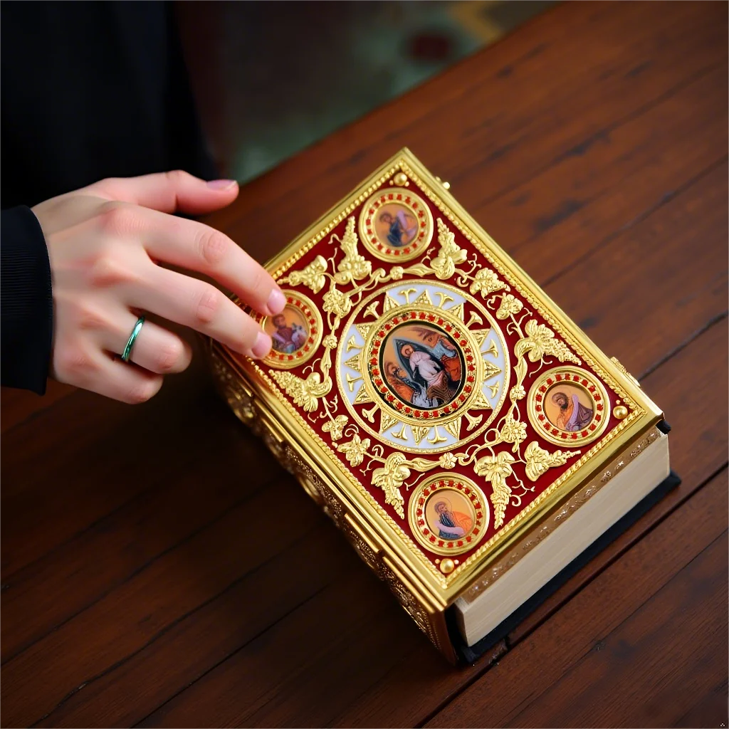 HTISOK Orthodox Church Bible Cover with Colored Enamel Decorative Alloy Protective Shell for Religious Holy Bible Books