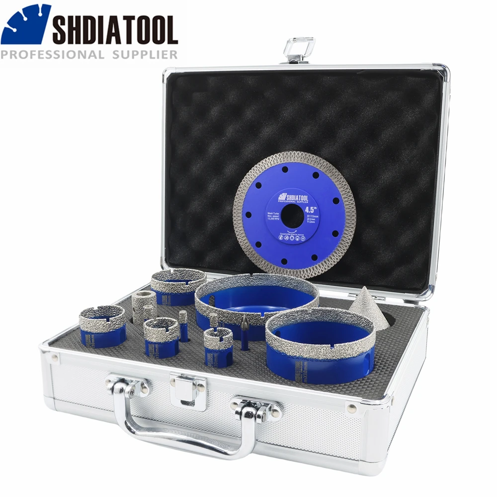 Shdiatool 12 peças kit de broca de perfuração haste triangular com broca de carboneto 115mm x disco de corte de malha 20mm broca de fresagem 50mm chanfro hex
