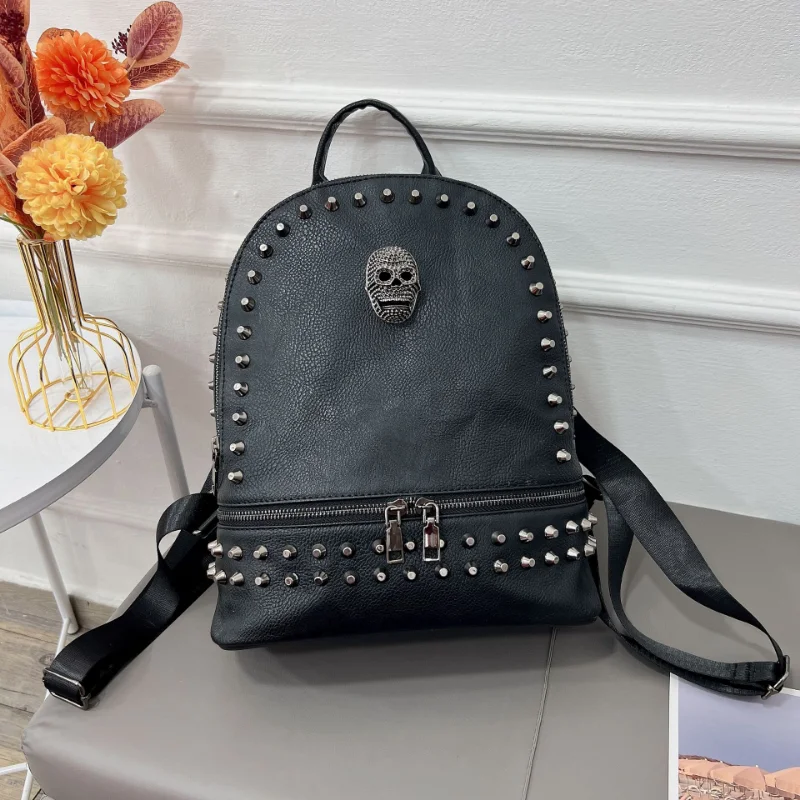 2024 All Match Soft Leather Rivet Skull Backpack Women Casual Punk Streetwear Schoolbags Y2k Aesthetic Trendy Vintage Backpacks