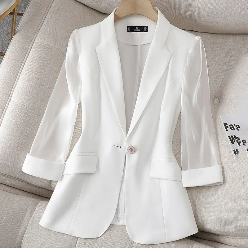 Xpqbb Korean Fashion Patchwork Blazer High-quality Single Button Office Work Suit Coat Lady New Spring Summer Mesh Sleeve Jacket