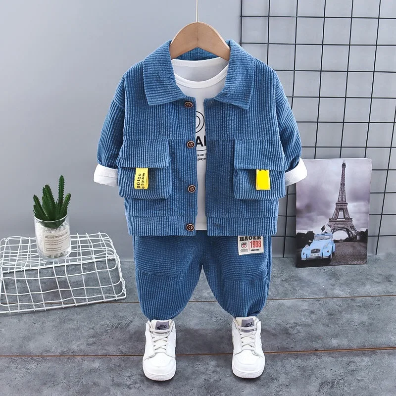 Spring Kids Children Clothes Suit Boys Corduroy Coat T Shirt Pants 3Pcs/Set Kids Toddler Fashion Cotton Tracksuits 0-4 Years