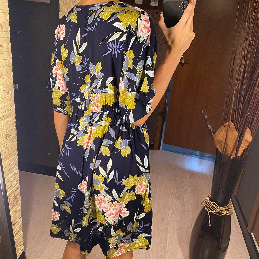 Blumenmuster, halbärmeliges, gehäkeltes, gestricktes Tunika-Strandkleid, Strandmode, Strandbekleidung, Strandüberwurf, Damen, V5663 – Detail 9