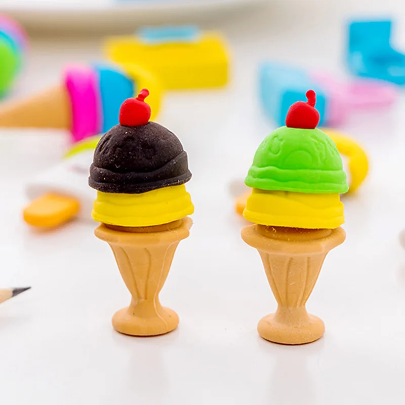 Borrador de cono de helado de dibujos animados creativos, papelería para estudiantes, regalo de Navidad, Premio Kawaii, venta al por mayor, 3 piezas por lote