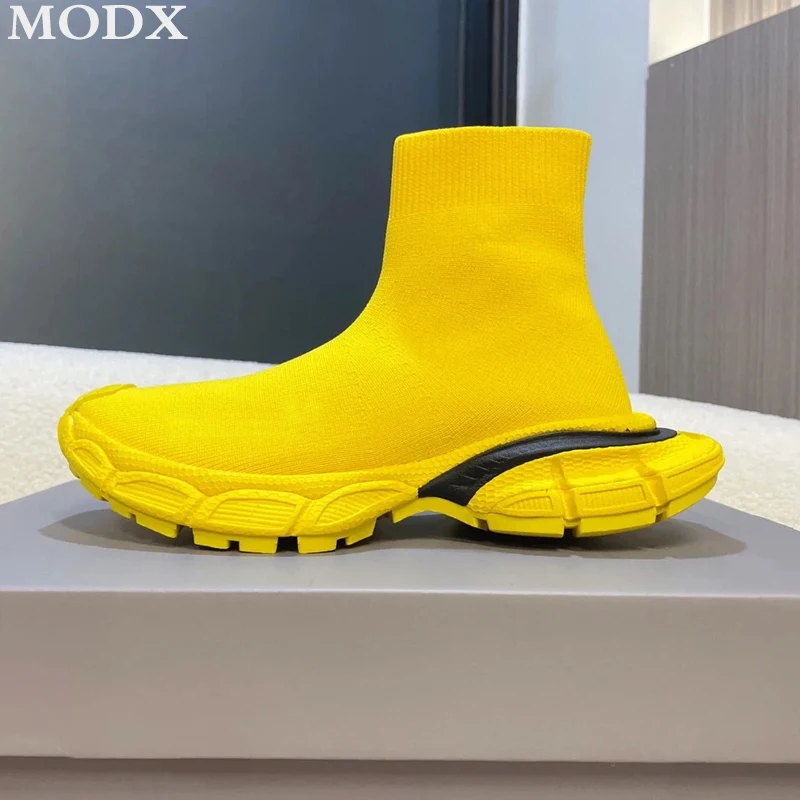 Knitted Chunky Sole Stretch Sneakers Fashion Slip On Casual Couple Sock Boot Height Increasing Breathable Sports Flat Shoe Women