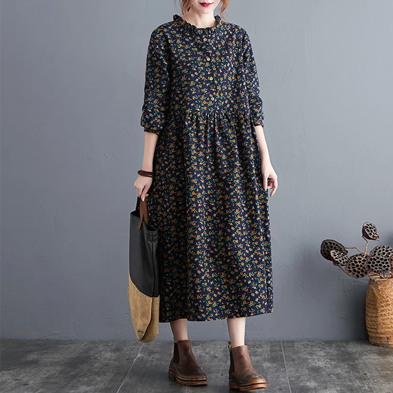 Daisy Print Cotton Lin Long Sve Button up Loose Floral irt Dr A-Line Skirt Commute Sle Artistic Loose Waist