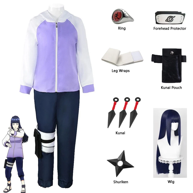 Hyuga Hinata Cosplay Kostüm Komplettset Anime Outfit mit Jacke Hose für Karneval Halloween Party Perücke Optional Ninja Uniform