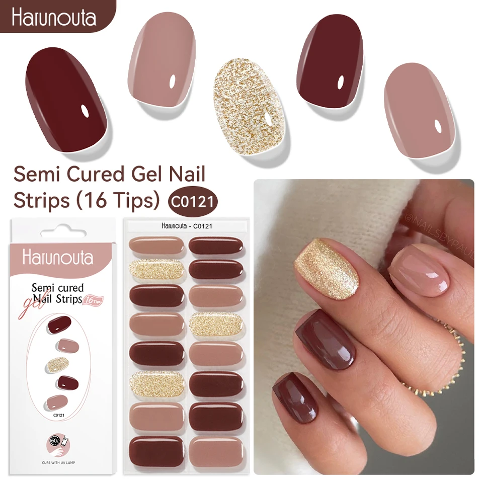 Harunouta 16 tiras de gel semi curado con degradado rojo, mármol y líneas doradas, tiras de uñas de gel DIY para uñas, funcionan con UV/LED 3
