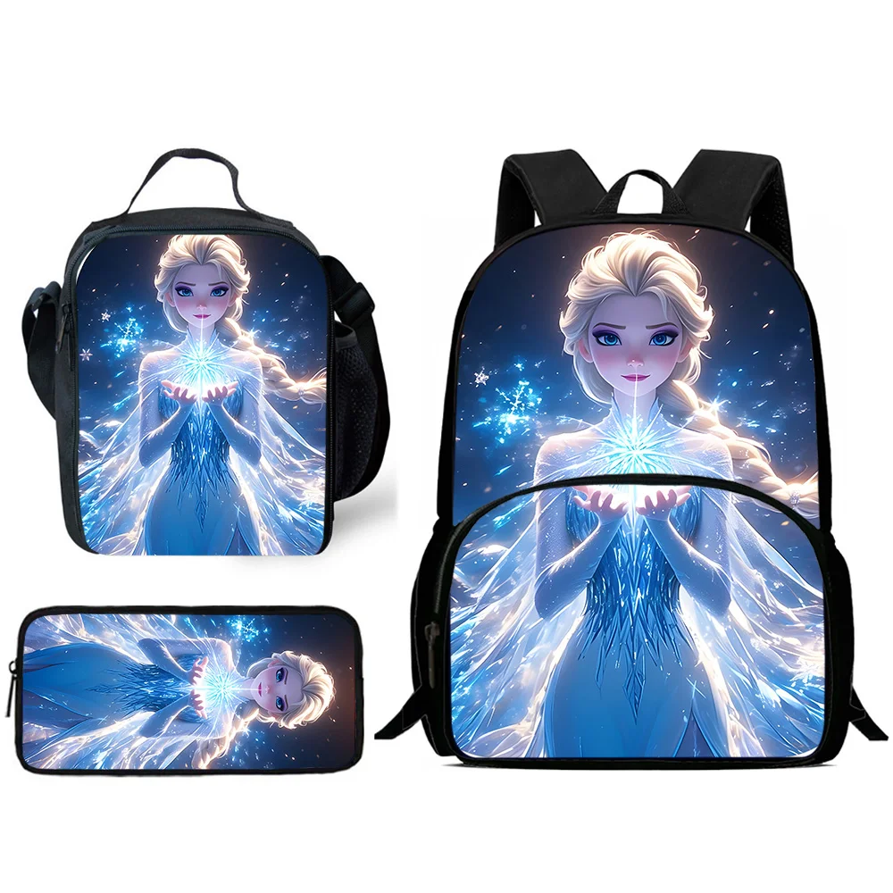 Cute Frozen Princess Elsa Mochilas para crianças, lancheira, estojo de lápis, sacos escolares de grande capacidade para menino e menina, melhor presente, conjunto 3pcs