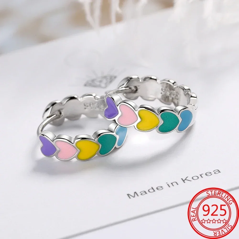 Ot Sale 925 Silver Romantic Heart Shaped Colorful Original Hoop Earrings Rainbow Heart Hoop Earring for Women Jewelry Gift