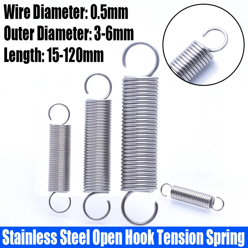 5/10PCS 0.5mm Wire Dia 304 Stainless Steel Open Hook Tension Spring S Hook Extension Spring Coil Pullback Spring L=15-120mm