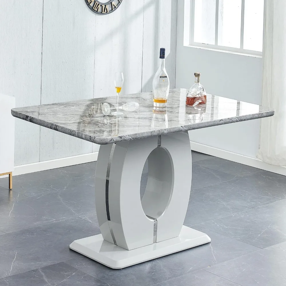 

Bar Height Marble Dining Table - 1.77-inch Thick Marbleized Textured Tabletop With High-Gloss MDF Base - Counter Height for 6, I