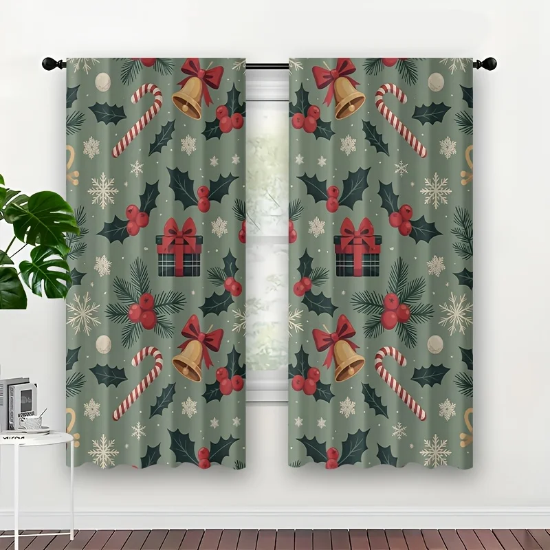 Xmas Holly Curtain Panels, Bell Candy Cane Gift Berry Snowflake Holly Leaf Festive Pattern Print Drapes Living Room Home Decor