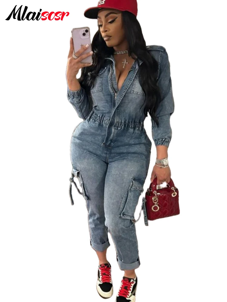 Mlaiscsr Denim Stretch Jumpsuits Women Winter Zipper Long Sleeve Elastic Waist Pocket Cargo Jeans Rompers One Pieces Overalls