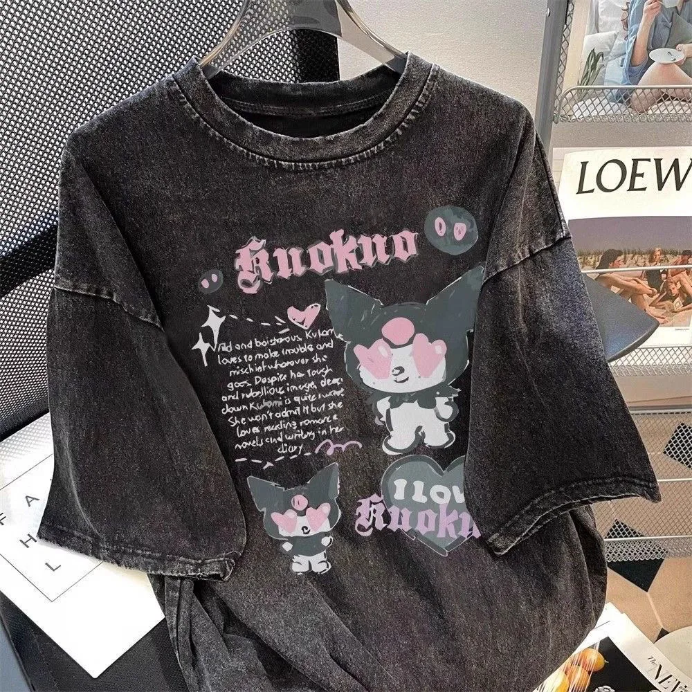 Sanrio Pure Cotton Kuromi Summer Short Sleeved T Shirt Women Japanese Kuromi Washed Oversize Loose Top Vintage Clothes 2024 New