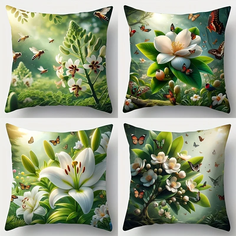 Pcs Floral Pillow Covers 45x45cm Double-sided Printed Cushion Cases Butterfly Bee Lily Magnolia Home Decor Throw Pillows No