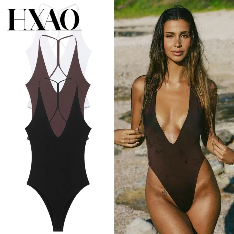 HXAO Korsett Neckholder Bodysuit Damen Sommer 2025, Körper, sexy Damen, Schwarz, Braun, Weiß, Bodysuit, ärmellos, rückenfrei, Top, Tanga-Body