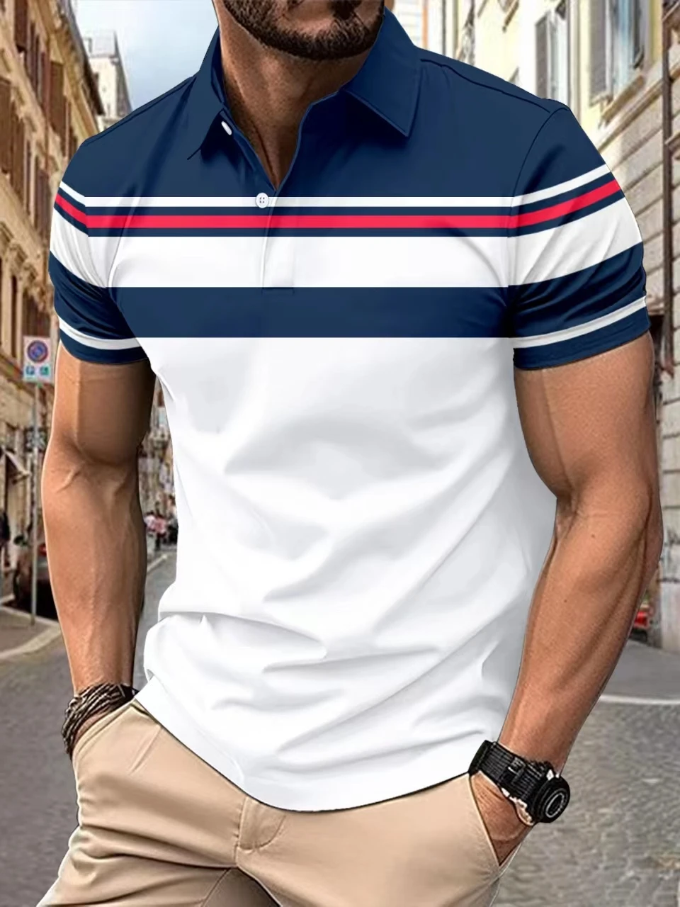 Men\'s Best-Selling Summer Short-Sleeved POLO Shirt Spliced Striped Fashion Men\'s Shirt casual Business Lapel Street POLO Shirt