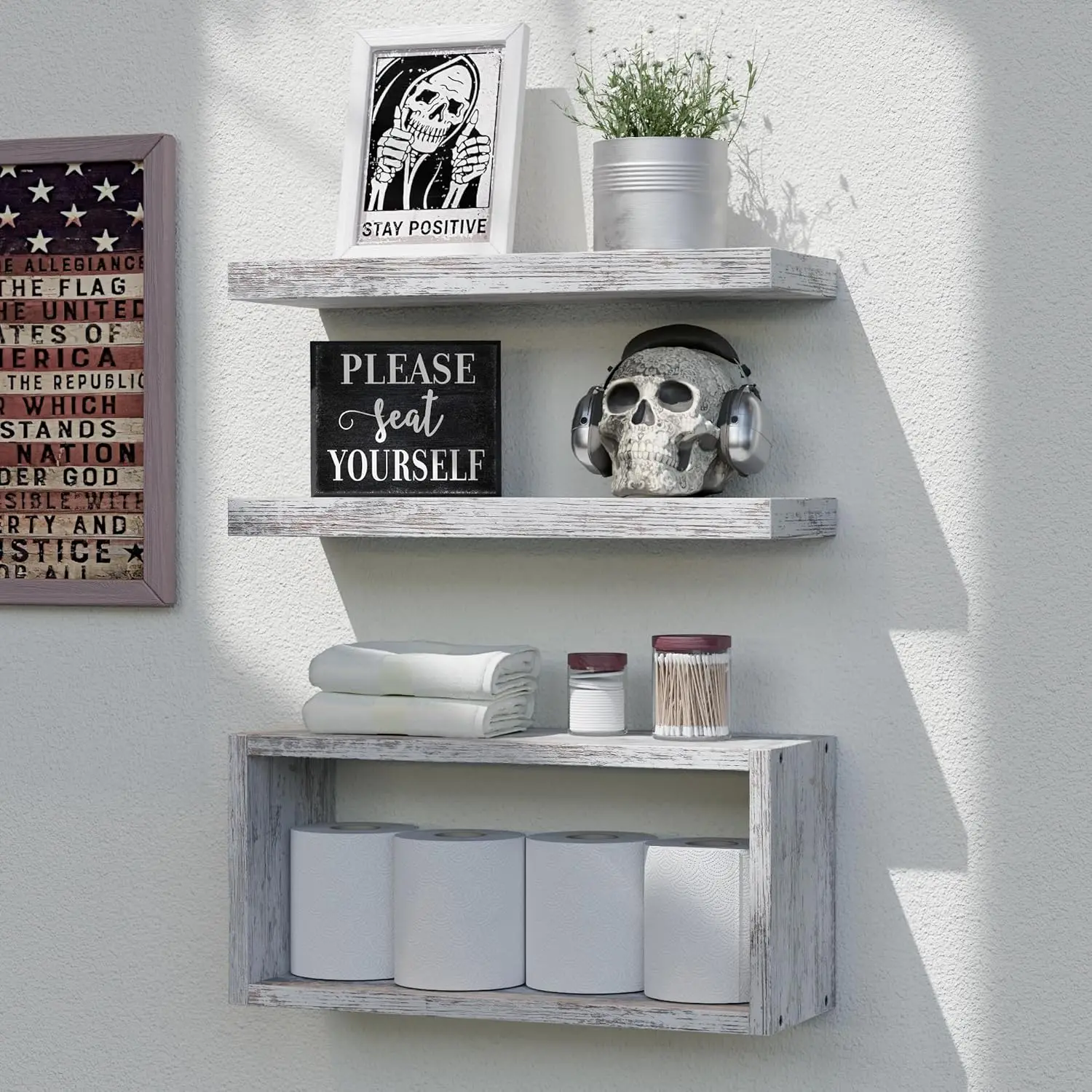

Floating Shelves Set of 3, Farmhouse Bathroom Wall Mounted Shelves with Invisible Brackets Over Toilet, Wall Shelves fo
