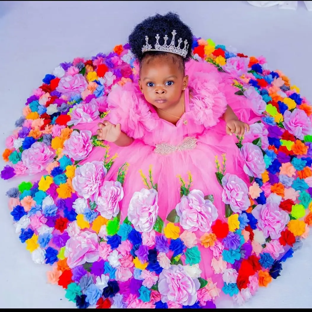 Vestido de princesa frisado feminino, vestido de baile rosa, até o chão, tule, florista, primeiro aniversário, Natal, nova sessão fotográfica