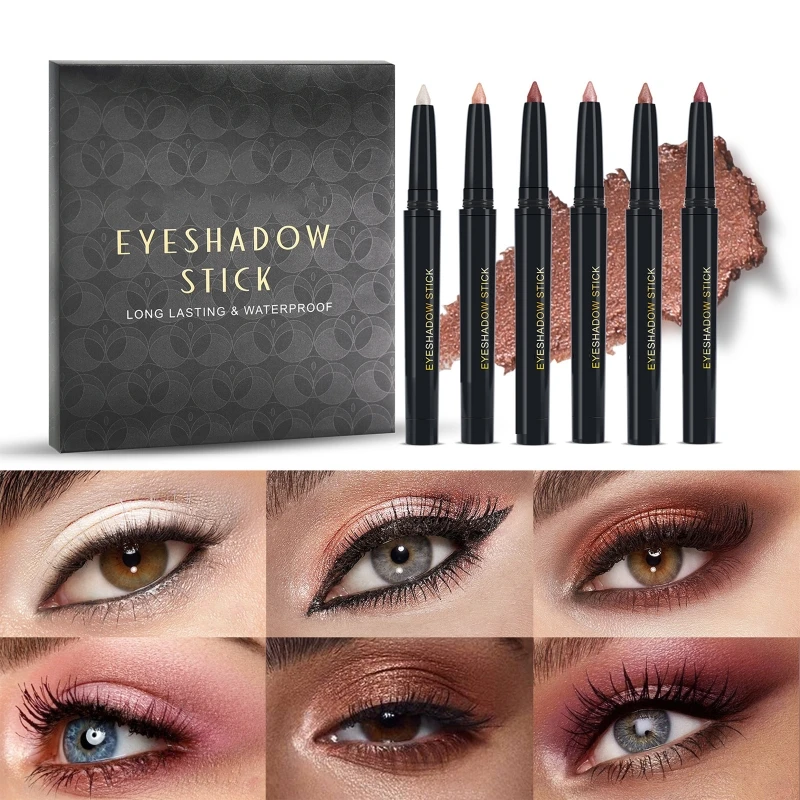 Waterproof Eyeshadow Stick Set 6 Colors Creamy Eye Color Pen Fashion Eye Makeup Kit with Natural Glitter