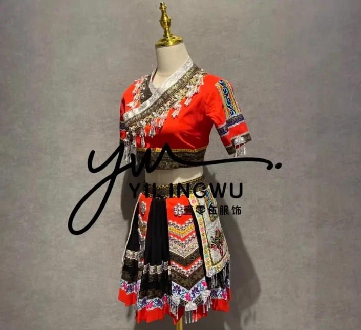 

Китайский народный танцевальный костюм Хмонг-Мяо для женщин, этнический сценический наряд Хмонгб, красный, для выступлений