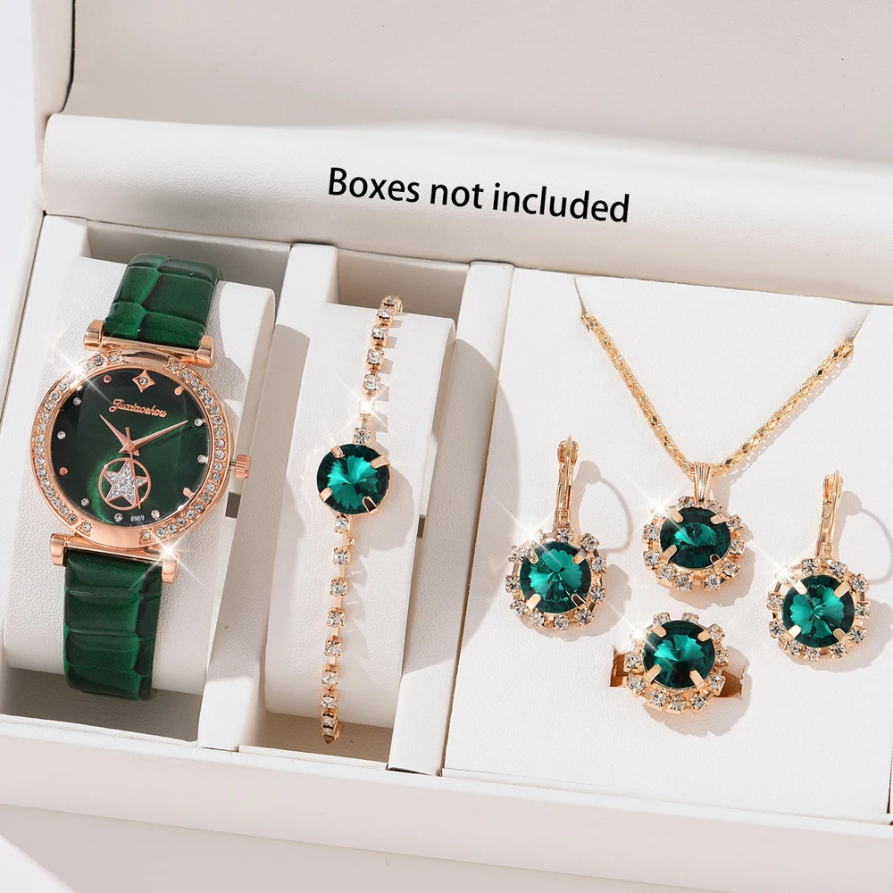 6PCS Set Groen Luxe Quartz Horloge Vrouwen Ring Ketting Oorbel Strass Mode Horloge Casual Dames Armband Horloges 6PCS