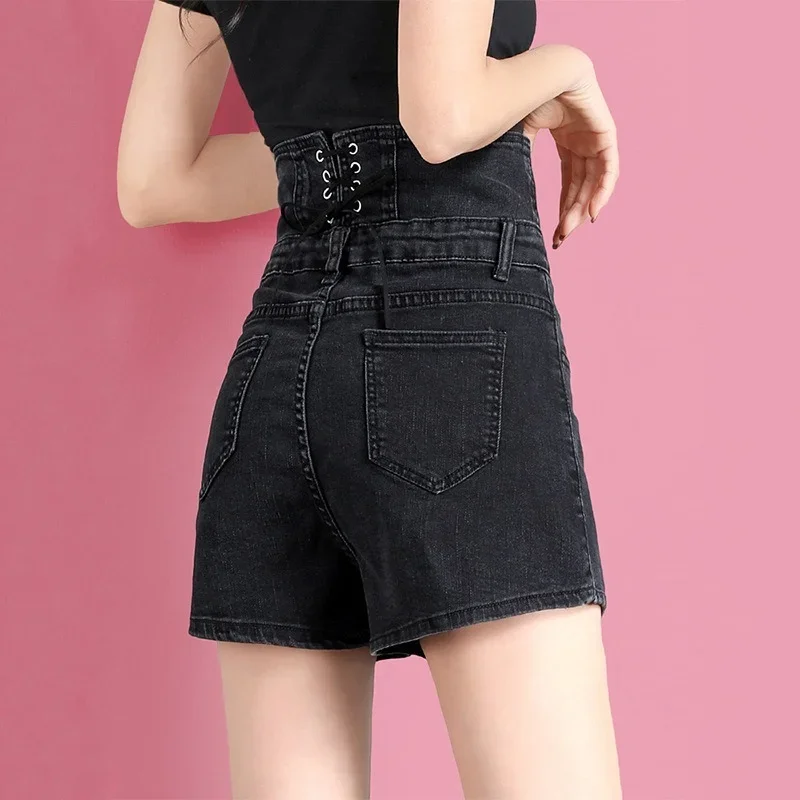 Summer Women Sexy Back Lace Up Design High Waist Hot Shorts Multi-button Black Denim Shorts New White A-Line Loose Straight Jean