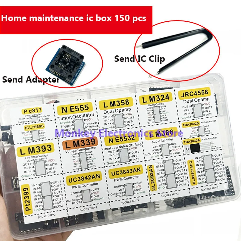 Puces de circuits intégrés en boîte, appareils de réparation, clip d\'envoi, adaptateur PC817, ICL7660, NE555, LM358, JRC4558, LM393, LM339, 150