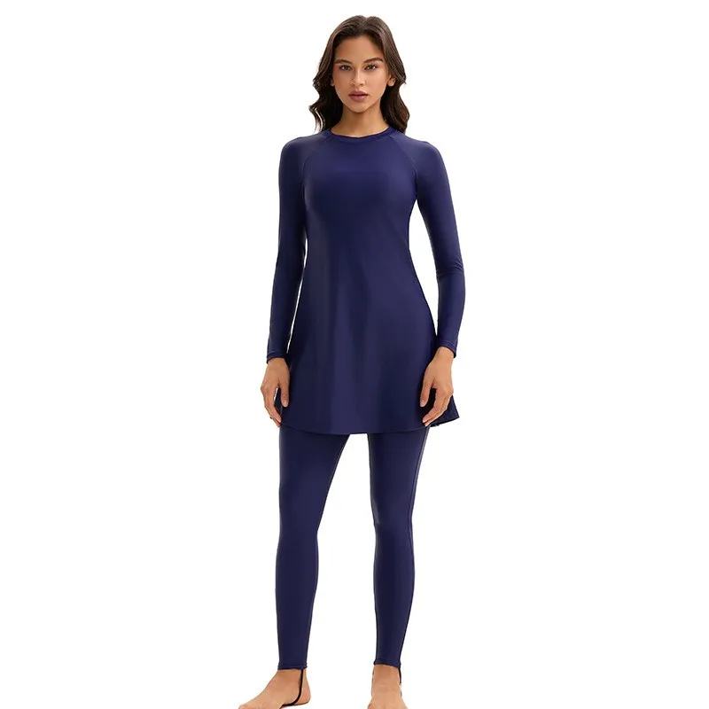 Women's Long Sleeve Multi-color Swim Dress High Waist A Line Islamic Swimsuit Navy Blue Olive Green Burgundy Modest Swimwear