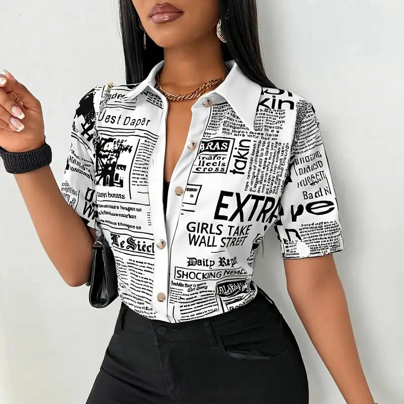 

Women Elegant Solid Chiffon Blouse Spring Summer Casual Short Sleeve Turn-down Collar Shirt Office Lady Tunics Oversized Tops