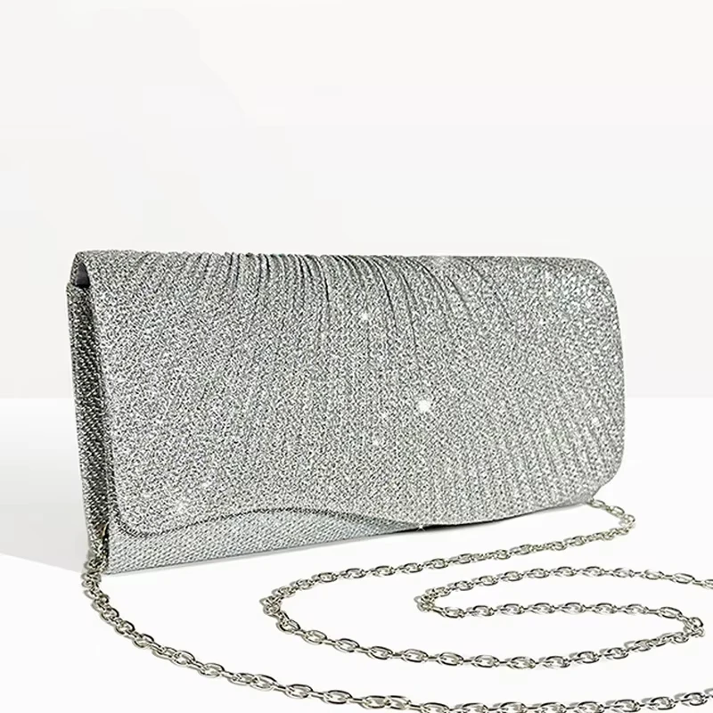 

Female Fashionable Pleated Evening Bag Diamond Wedding Clutch Purse with Long Chain Elegant Party Envelope Hangbag