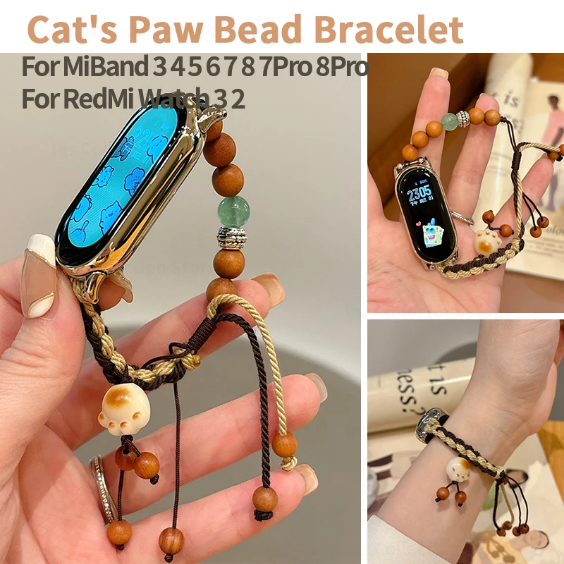 

DIY Hand Strap for Xiaomi Mi Band 8 Pro 7 6 5 4 3 Cute Cat's Paw Pendant Bracelet for Mi Band 7 Pro 8 Handmade Beaded Wristband