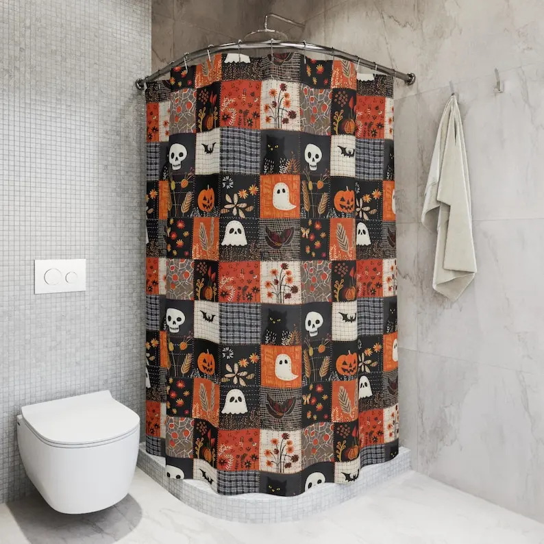 Spooky Halloween Shower Curtain, Cute Orange Patchwork Style Ghost Bathroom Decor